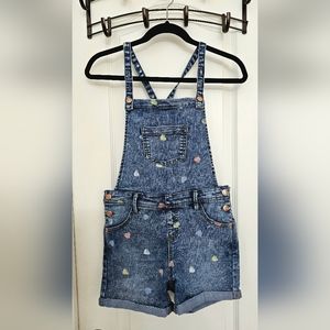 Cat & Jack Denim Overalls Shorts with Heart Pattern. Size 10/12